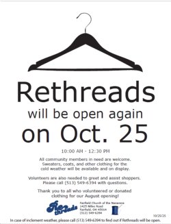 Rethreads is open October 25 for clothing giveaway for families in need. 
